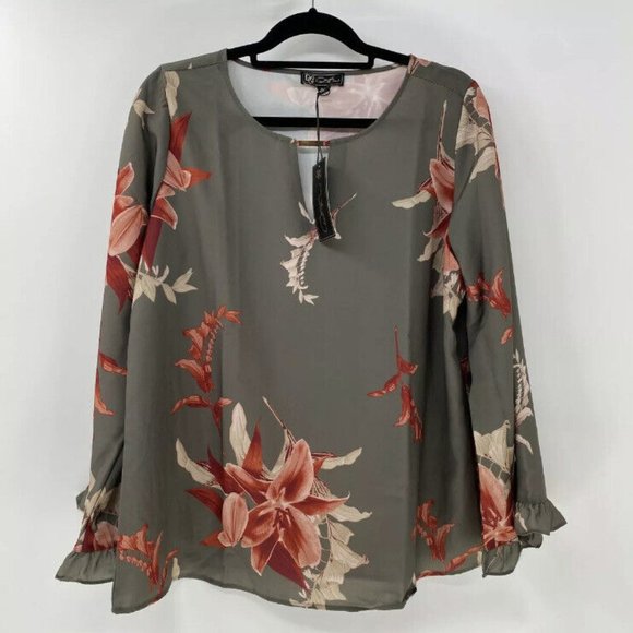 DG2 by Diane Gilman Floral Keyhole Ruffle Sleeve Blouse - Picture 2 of 2